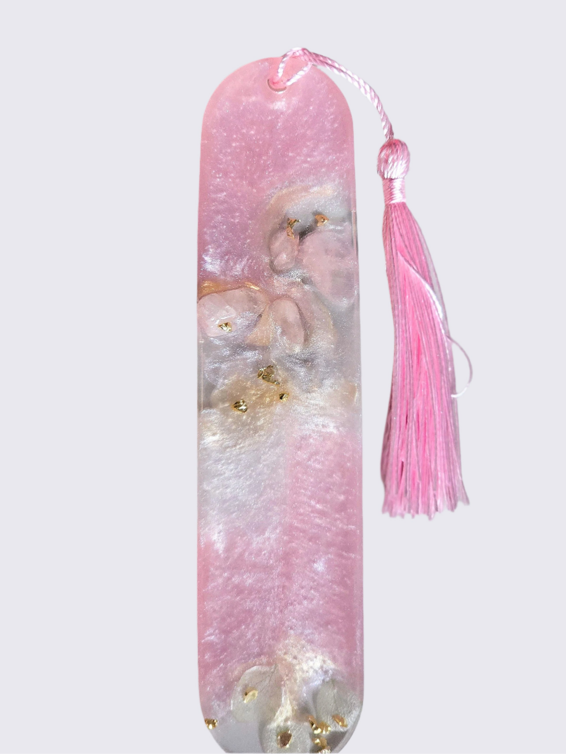 Pink, white and gold resin bookmark with pink crystals – feminine handmade gift for her