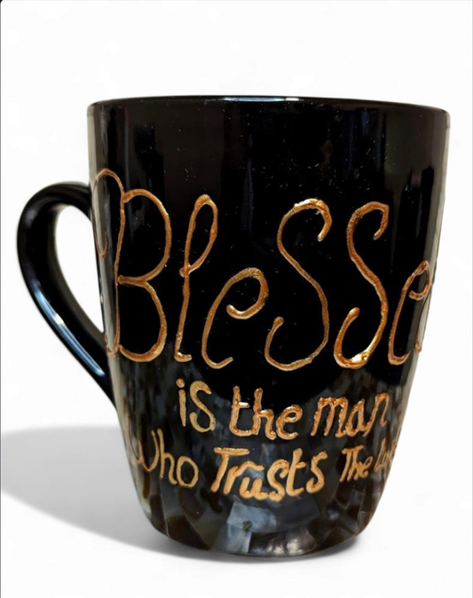 "Blessed is the man" hand-painted stoneware coffee mug