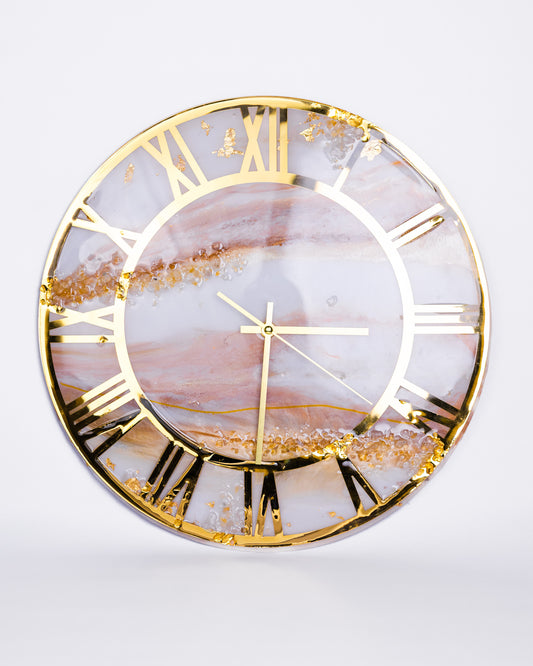 Handcrafted marble look wall clock with golden ring
