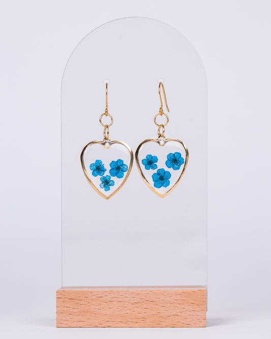 Handmade gold-plated clear heart-shaped jewellery set with blue flowers