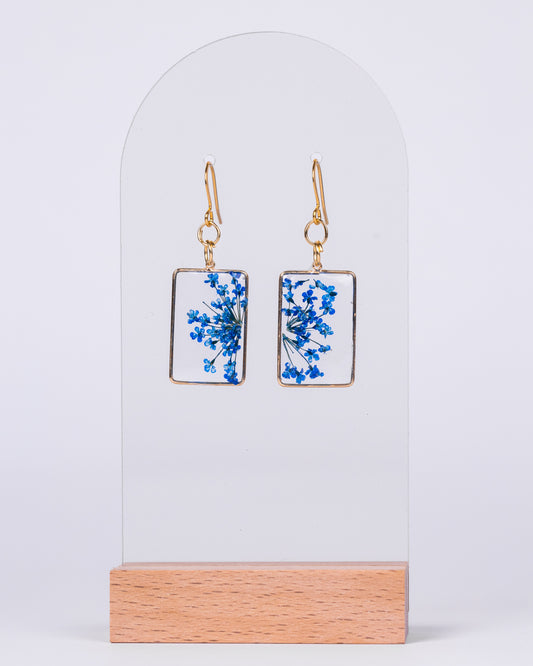 Handmade gold-plated clear square earrings with blue flowers