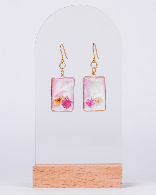 Handmade gold-plated pink and clear earrings with genuine flowers