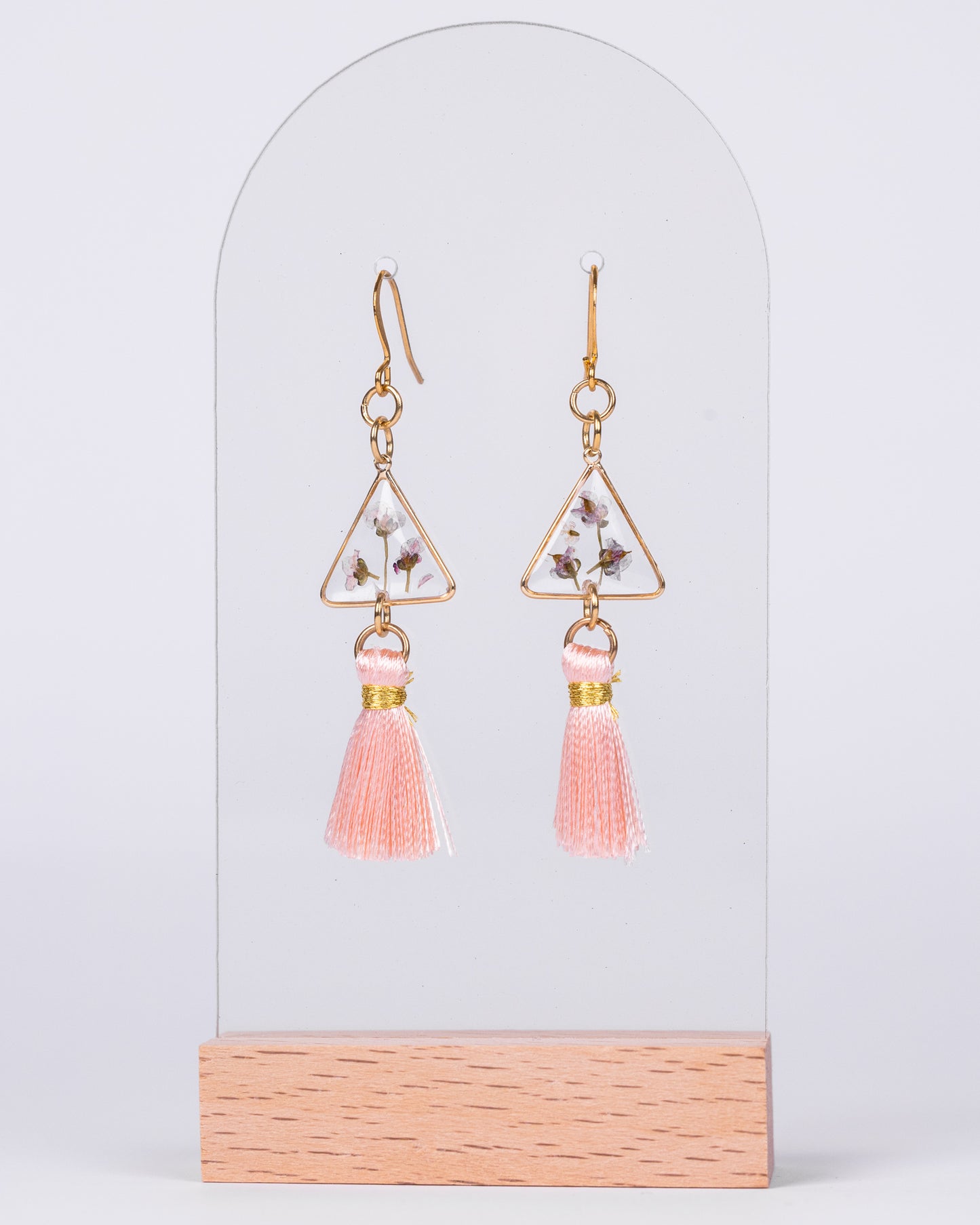 Handmade Gold-Plated Triangle Earrings with White Flowers & Pink Tassels