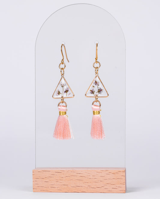 Handmade Gold-Plated Triangle Earrings with White Flowers & Pink Tassels