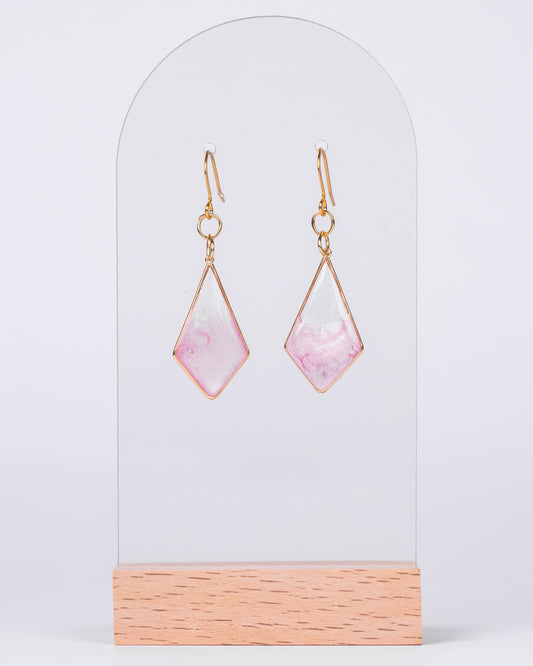 Handmade gold-plated diamond earrings with real pink flowers and gold flakes in clear resin – elegant floral jewellery from Australia.