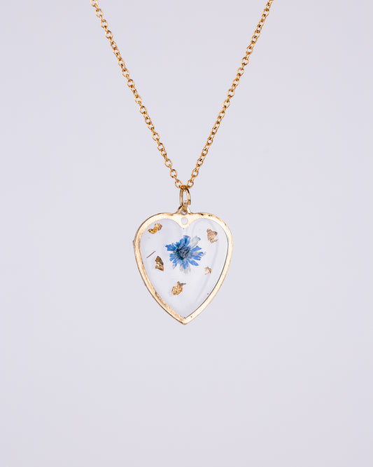Gold-plated heart-shaped necklace with a blue flower