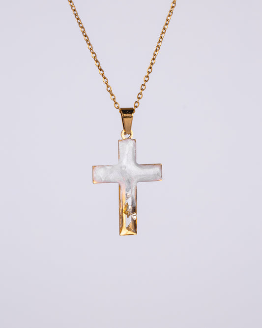 Gold-plated white and clear cross necklace