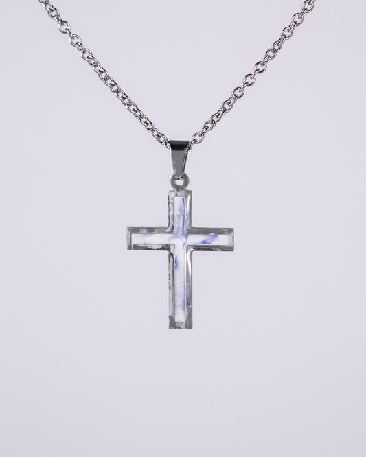 White marble stainless steal cross necklace for men