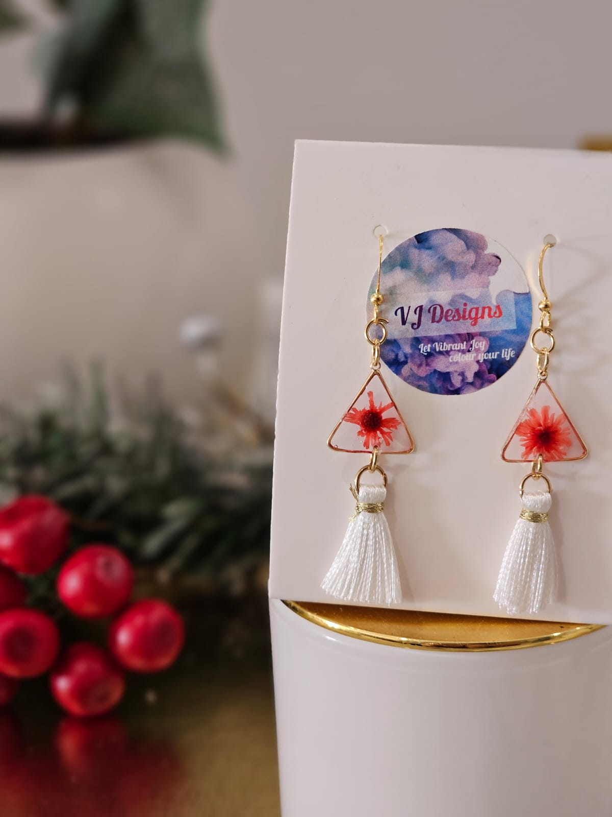 Gold-Plated red flowers Christmas earrings