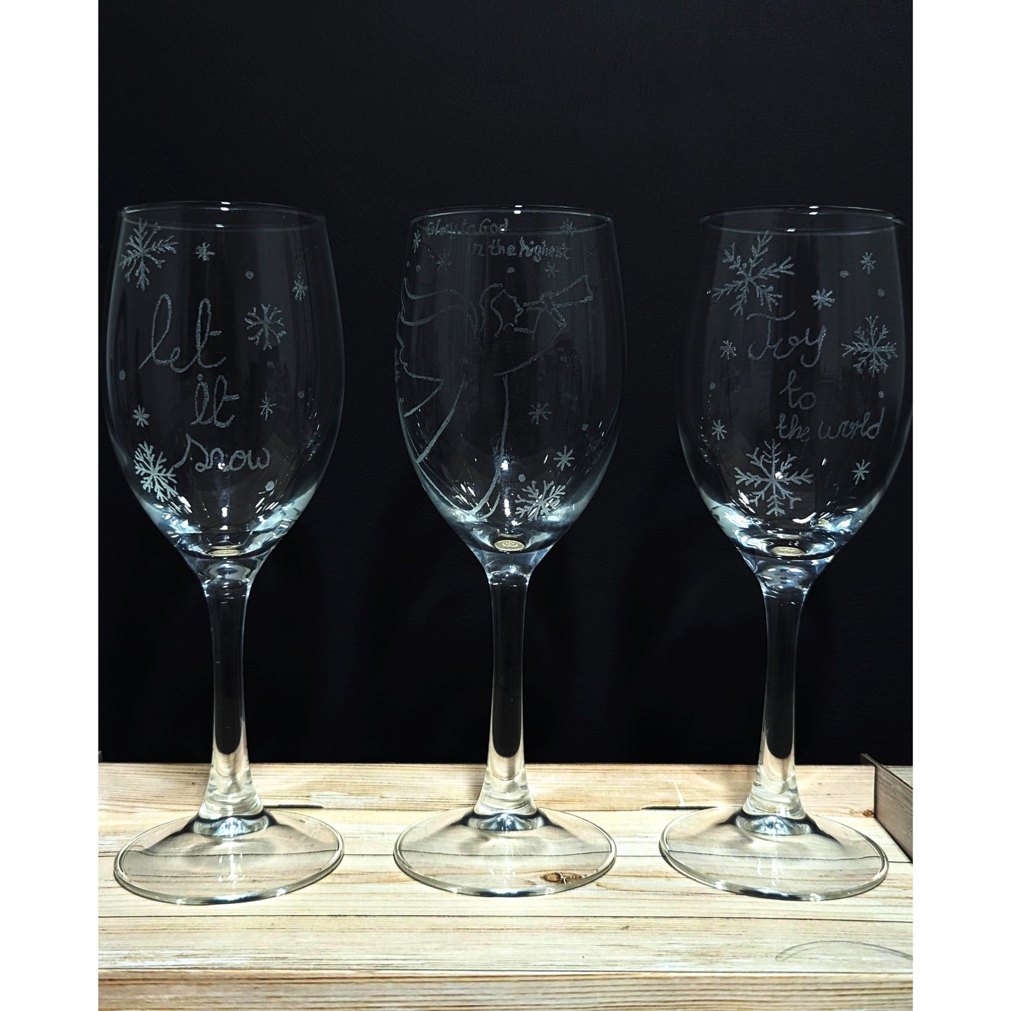 Hand-Carved Christmas Wine & Champagne Glasses