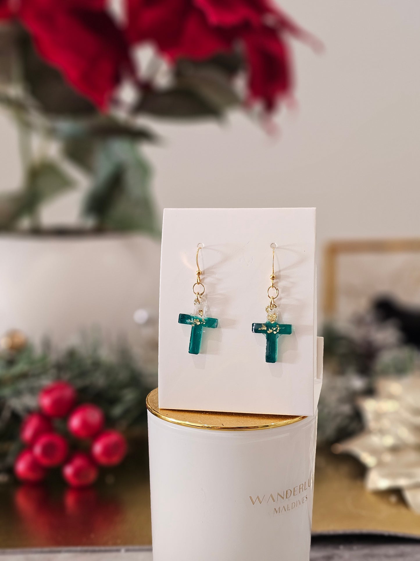 Boucles d'oreilles de Noël personnalisées faites à la main en plaqué or vert