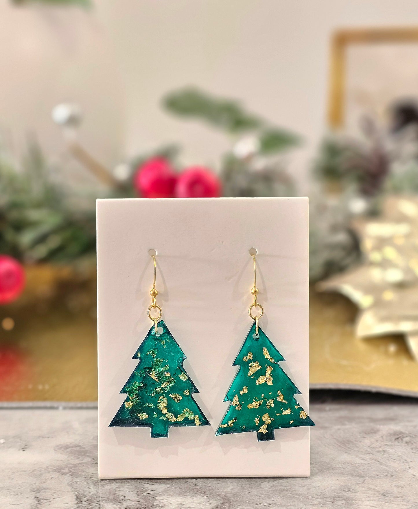 Boucles d'oreilles de Noël personnalisées faites à la main en plaqué or vert