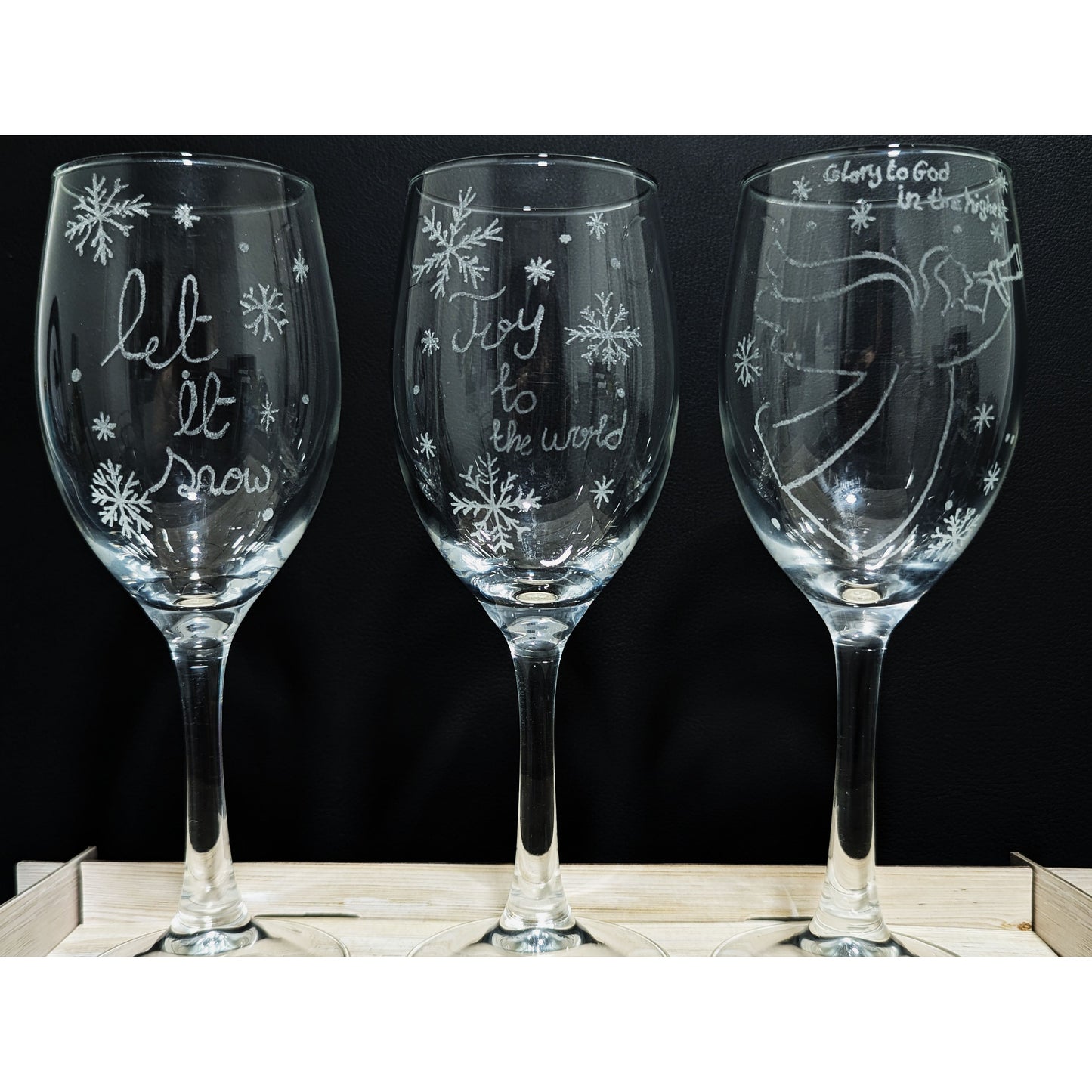 Hand-Carved Christmas Wine & Champagne Glasses