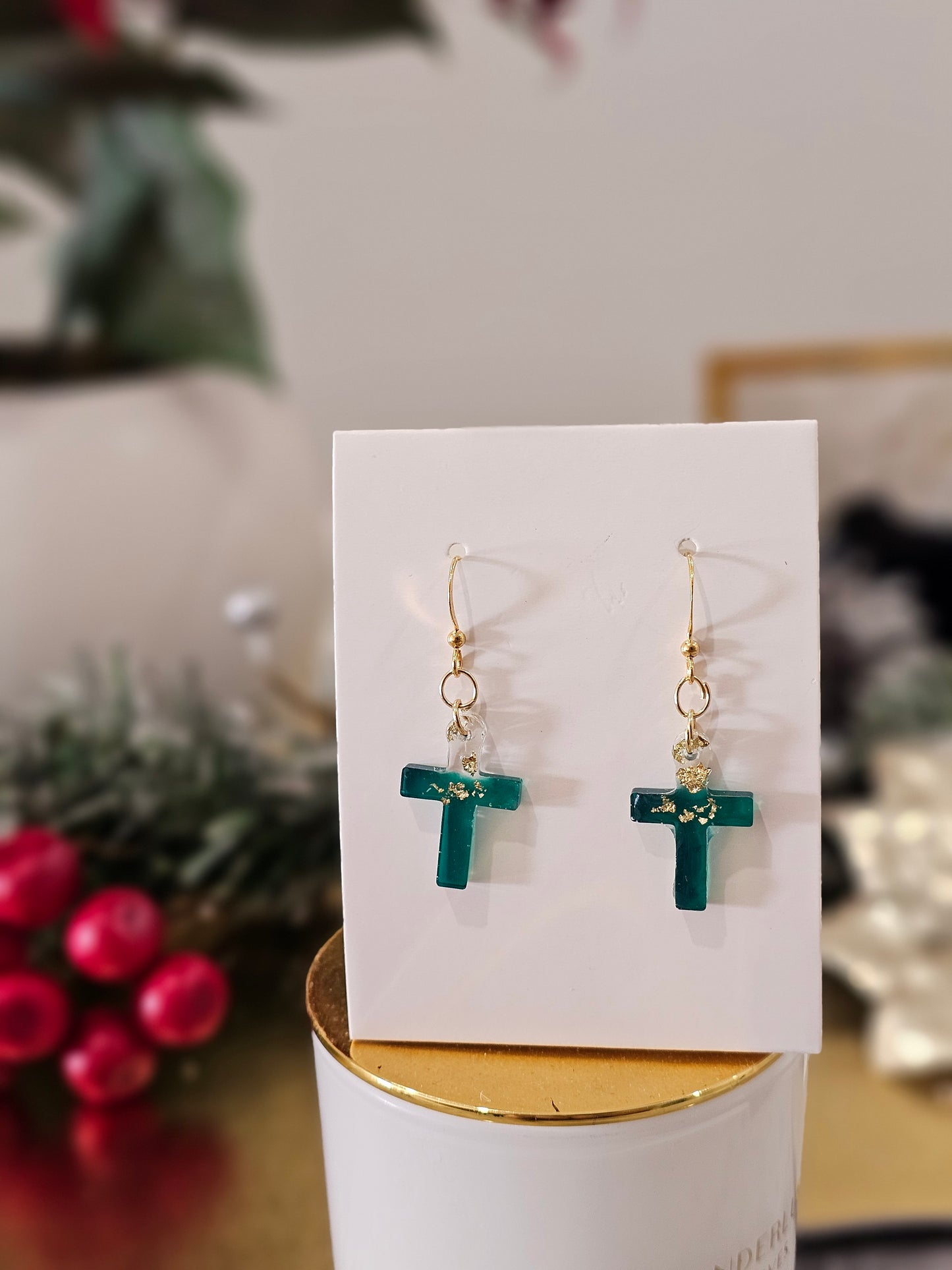 Boucles d'oreilles de Noël personnalisées faites à la main en plaqué or vert