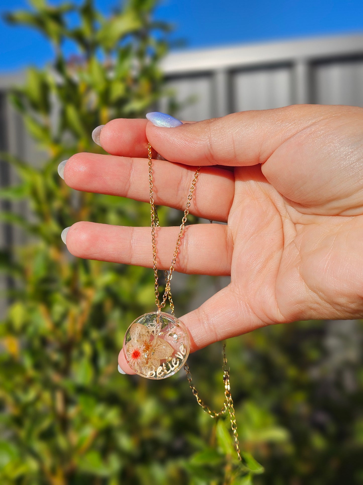 Personalised hand-made gold plated necklace with real dried flowers