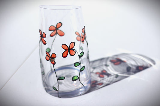 Personalised hand-painted glass vase with red flowers