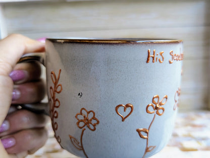 Personalised hand-painted dancing flowers mug. (Ps 23:6) Surely goodness and mercy shall follow me All the days of my life;Enjoy the beauty of nature and artistry with our vibrant and full-of-life hand-painted stoneware mug. This mug is adorned with a stu