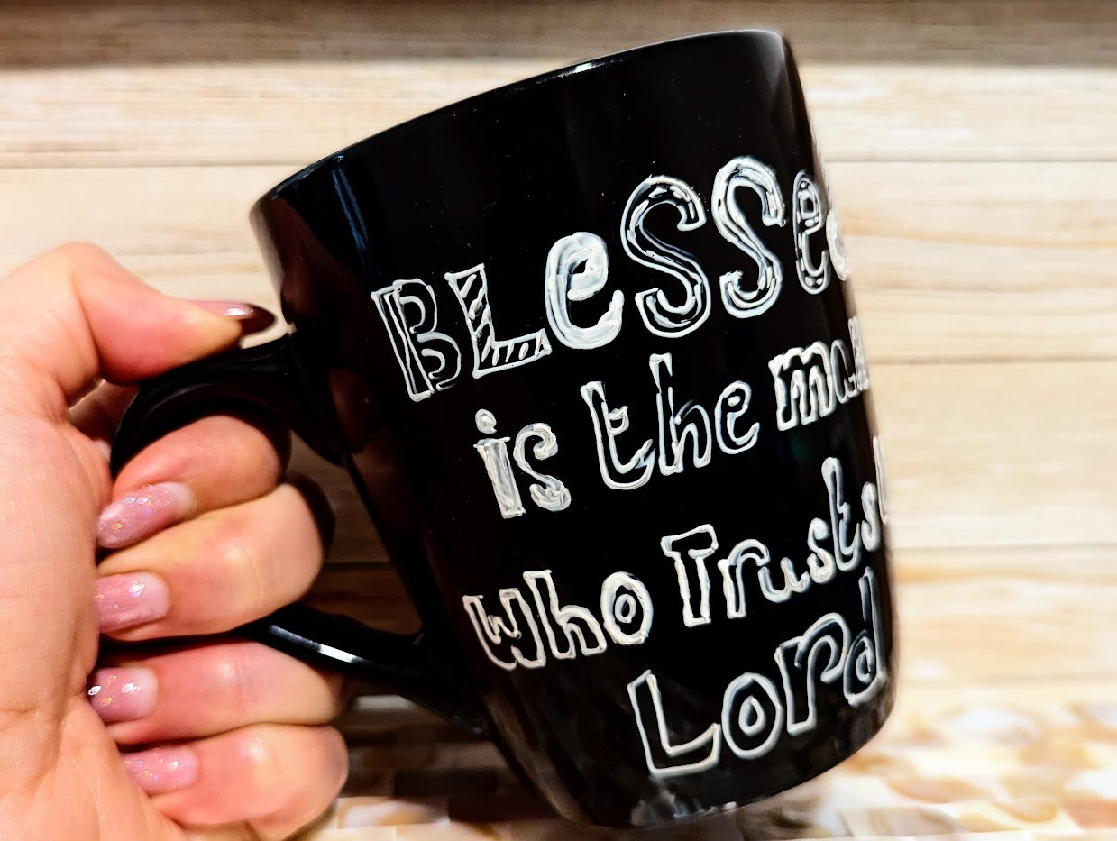 Bible verse personalised hand-painted stoneware coffee mug. Jeremiah 17:7 "Blessed is the man who trust the Lord''"Blessed is the man who trusts in the Lord, whose trust is in the Lord. He is like a tree planted by water, that sends out its roots by the s