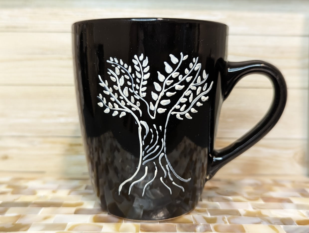 Bible verse personalised hand-painted stoneware coffee mug. Jeremiah 17:7 "Blessed is the man who trust the Lord''"Blessed is the man who trusts in the Lord, whose trust is in the Lord. He is like a tree planted by water, that sends out its roots by the s