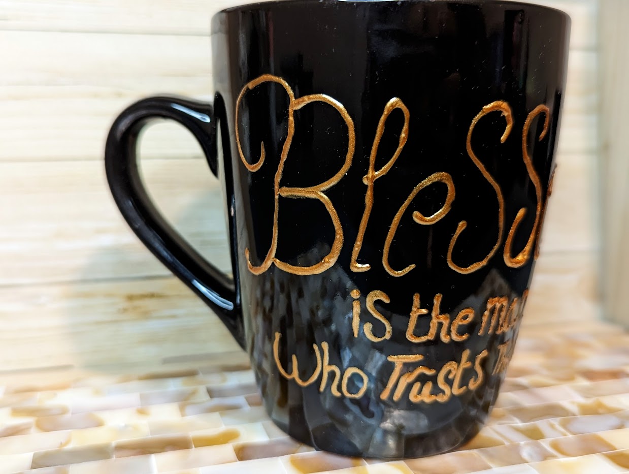 Bible verse personalised hand-painted stoneware coffee mug. Jeremiah 17:7 "Blessed is the man who trust the Lord''"Blessed is the man who trusts in the Lord, whose trust is in the Lord. He is like a tree planted by water, that sends out its roots by the s