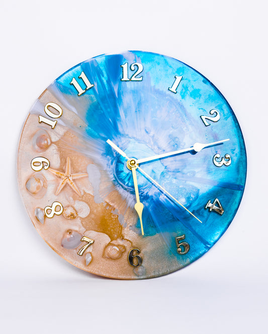 Ocean-themed resin wall clock with handmade waves
