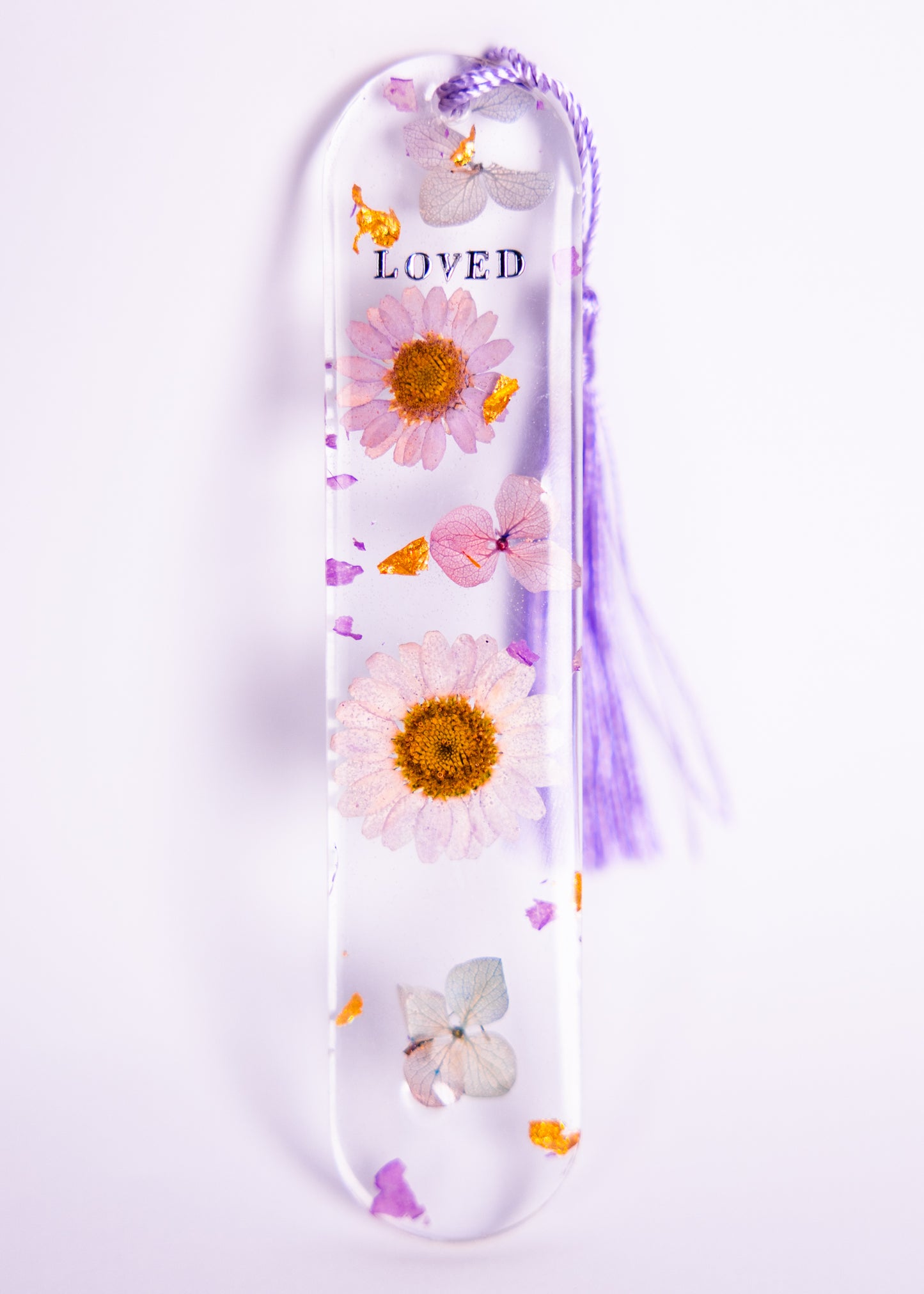 Personalised bookmark with genuine Purple Daisies