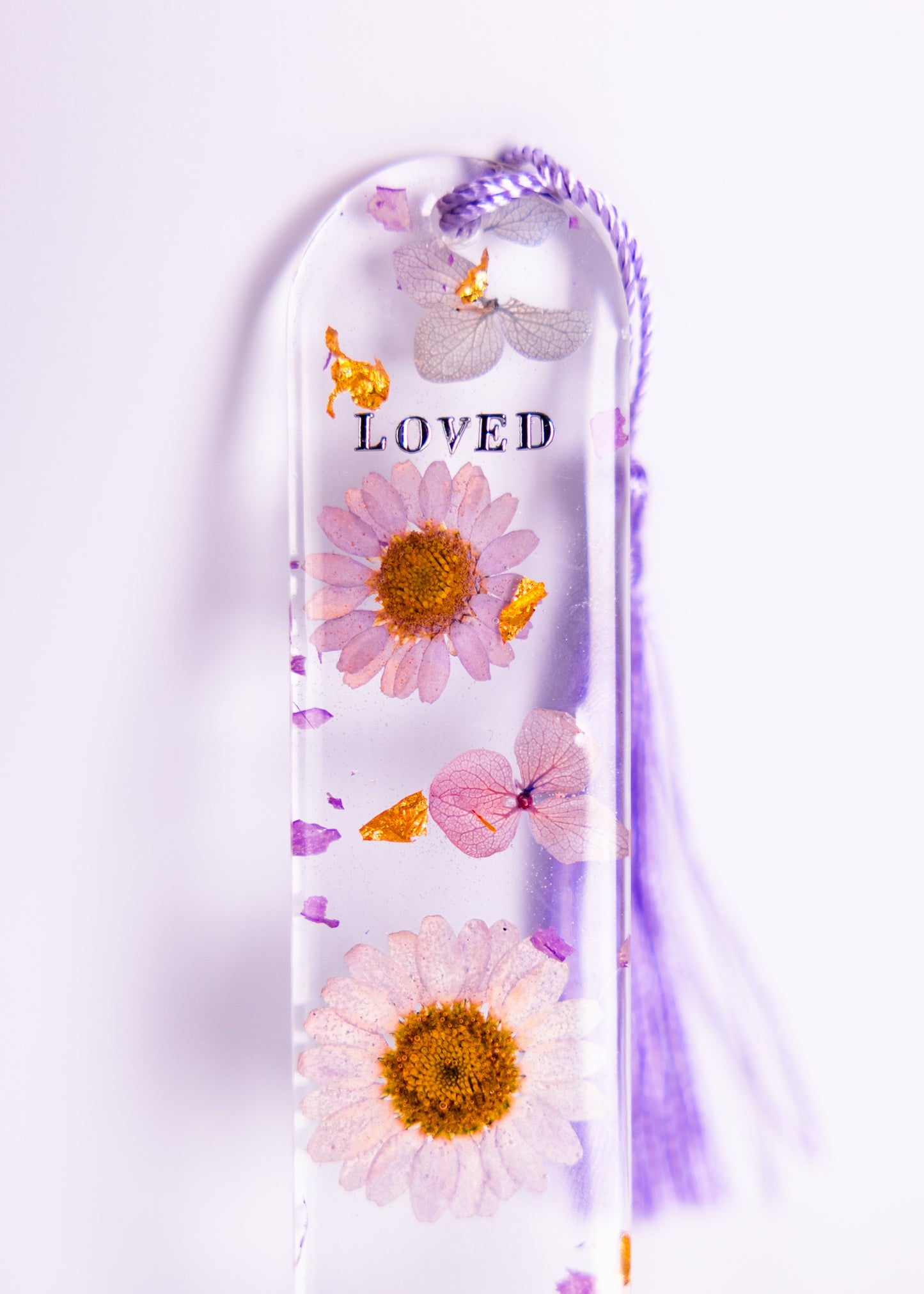 Personalised bookmark with genuine Purple Daisies