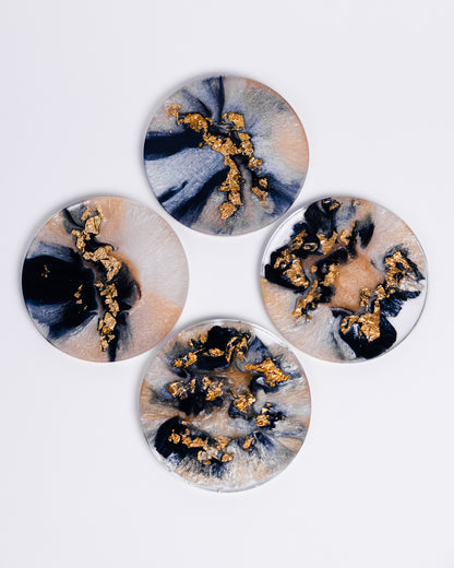 `Personalised beige and black resin coasters with gold flakes