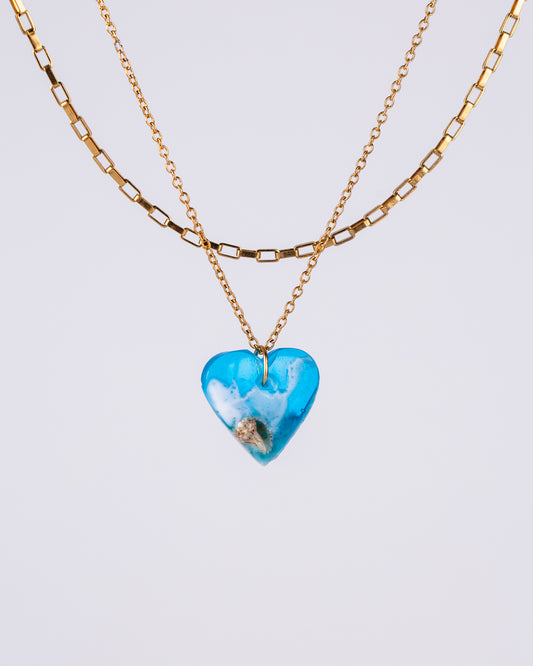 Handmade gold-plated heart necklace with ocean resin art