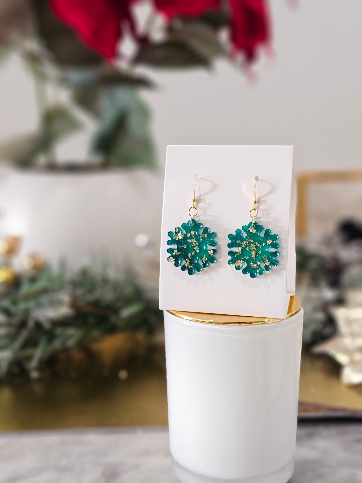 Personalised handmade green gold-plated Christmas earrings