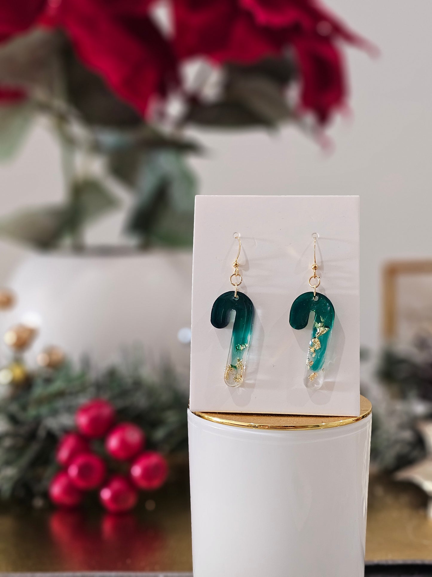 Personalised handmade green gold-plated Christmas earrings