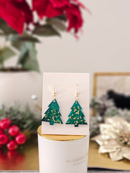 Personalised handmade green gold-plated Christmas earrings