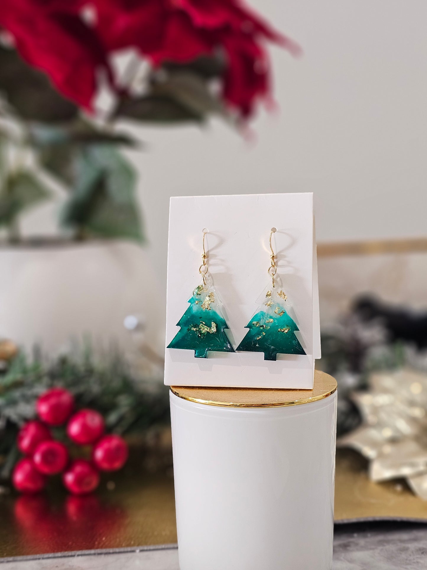 Personalised handmade green gold-plated Christmas earrings