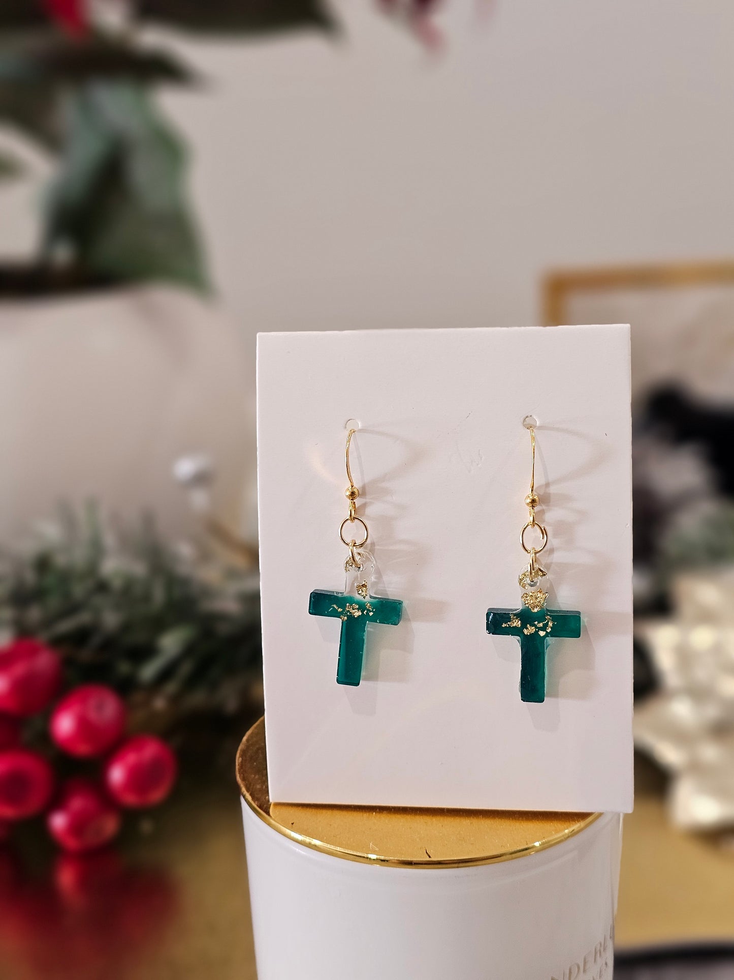 Personalised handmade green gold-plated Christmas earrings